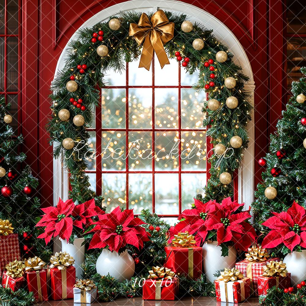 Kate Christmas Red Arch Window Garland Poinsettia Trees Backdrop Designed by Mini MakeBelieve