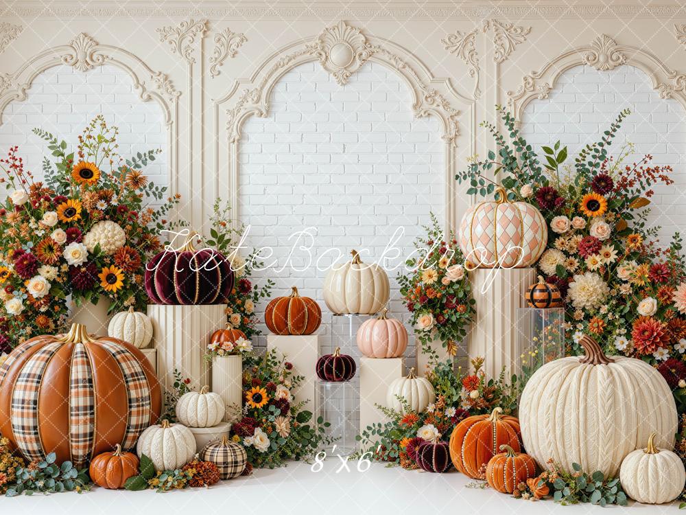 Kate Fall Pumpkin Harvest Floral Arch Vintage Wall Printed Backdrop Designed by Mini MakeBelieve