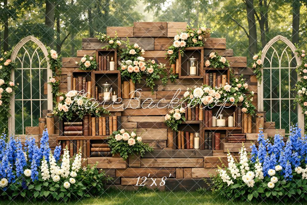 Kate Rustic Bookshelf Flower Arch Garden Printed Backdrop Designed by Mini MakeBelieve