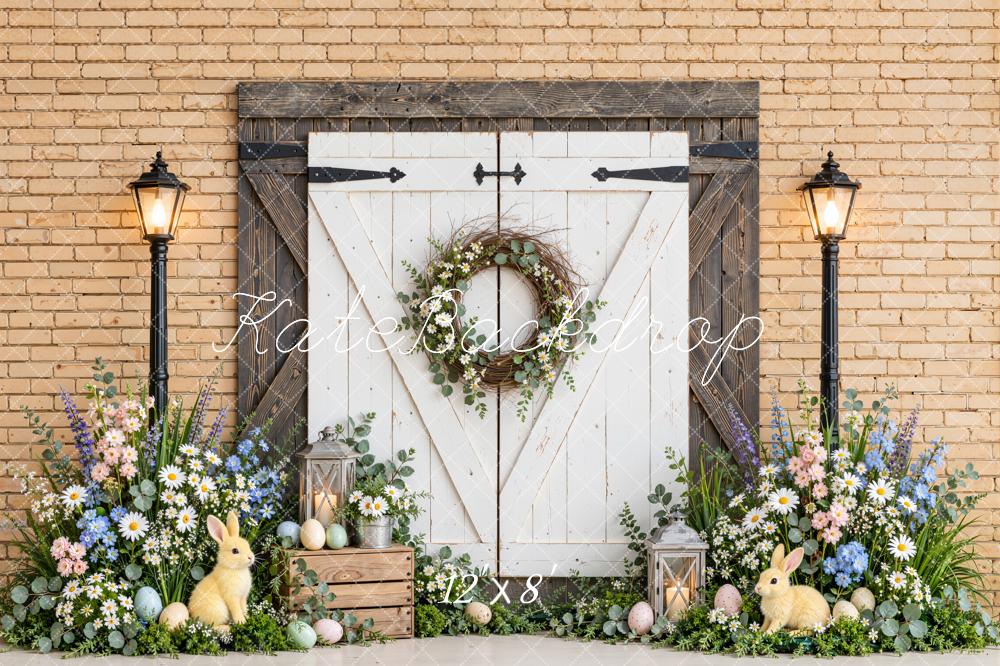 Kate Easter White Barn Door Flower Wreath Bunny Printed Backdrop Designed by Emetselch