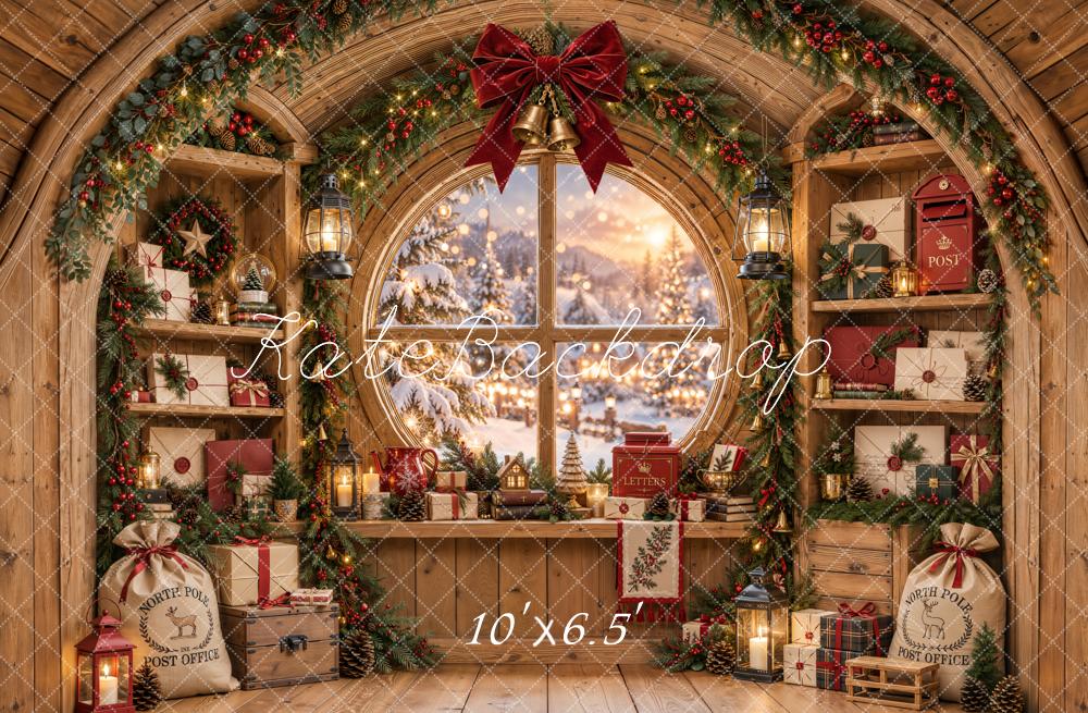 Lightning Deal Kate Christmas Rustic Workshop Gifts Circle Arched Window Bow Printed Backdrop Designed by Emetselch