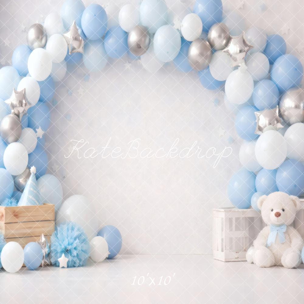 Kate Cake Smash Blue Balloon Arch Teddy Bear Crate Printed Backdrop Designed by Vertigo Productions