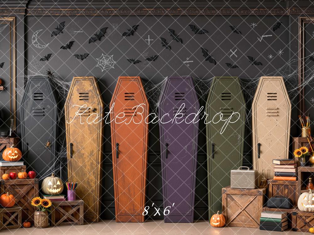 Kate Halloween Coffin Lockers Bats Pumpkin Vintage Black Wall Printed Backdrop Designed by Mini MakeBelieve