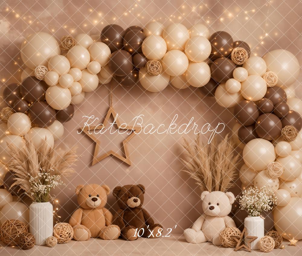Kate Cake Smash Balloon Arch Teddy Bears Pampas Grass Neutral Brown Backdrop Designed by Emetselch