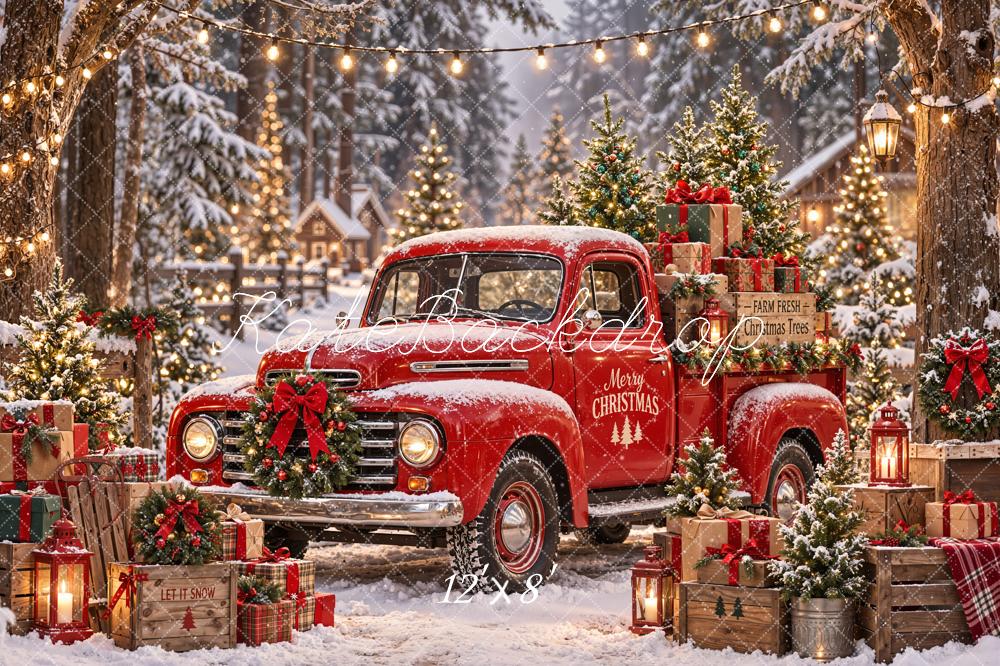 Kate Christmas Red Vintage Truck Gifts Snowy Village Printed Backdrop Designed by Emetselch