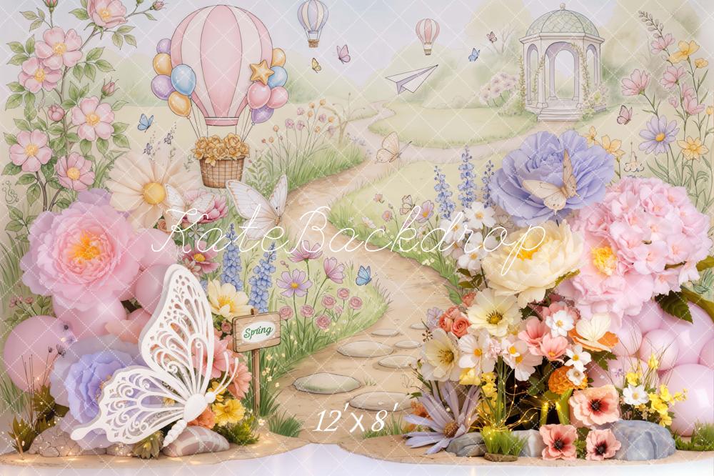 Kate Spring Butterfly Hot Air Balloon Floral Pathway Printed Backdrop Designed by Emetselch