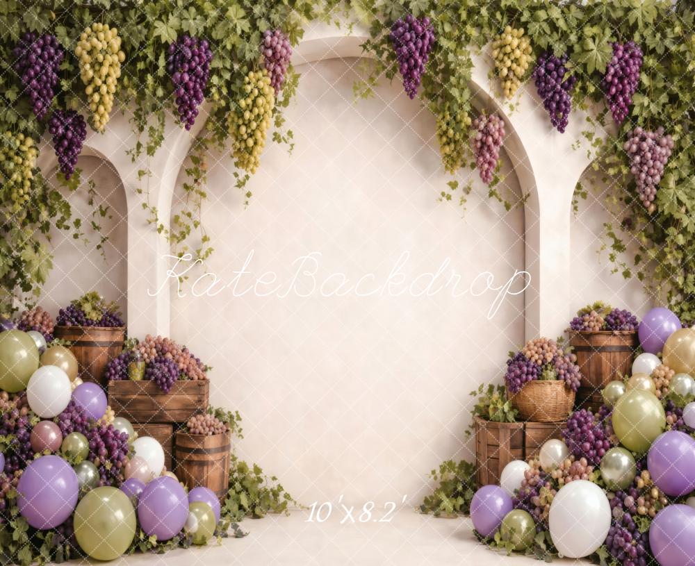 Kate Birthday Grape Vineyard Arch Balloons Crates Balloons Printed Backdrop Designed by Vertigo Productions
