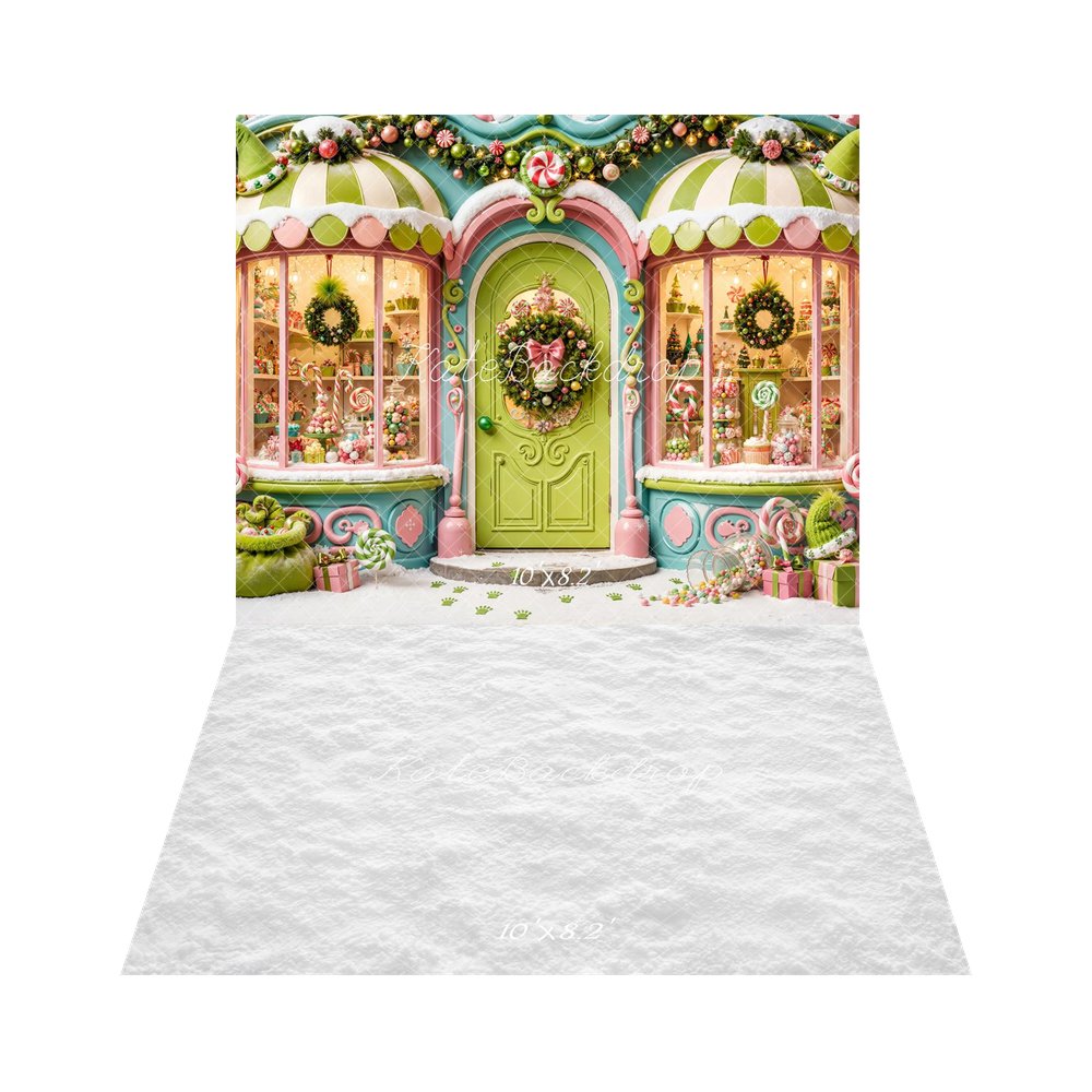 Kate Christmas Whimsical Green Candy Shop Storefront Printed Backdrop+White Snow Floor Printed Backdrop