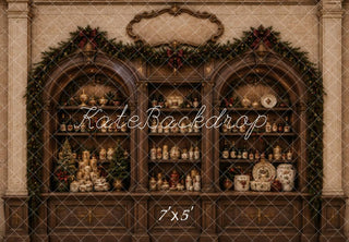 Kate Christmas Cabinet Garland Apothecary Display Printed Backdrop Designed by Vertigo Productions