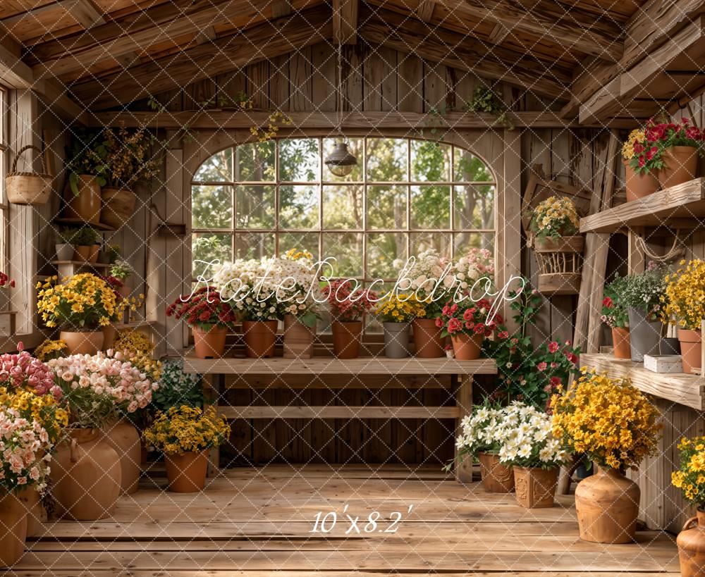 Kate Spring Rustic Wooden Greenhouse Flower Pots Backdrop Designed by Emetselch
