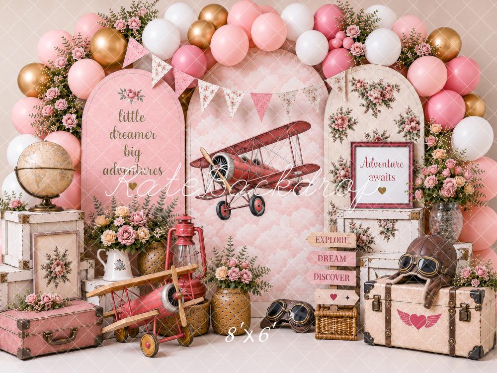 Kate Cake Smash Pink Airplane Balloons Floral Suitcases Adventure Printed Backdrop Designed by Shutter Swan Studios