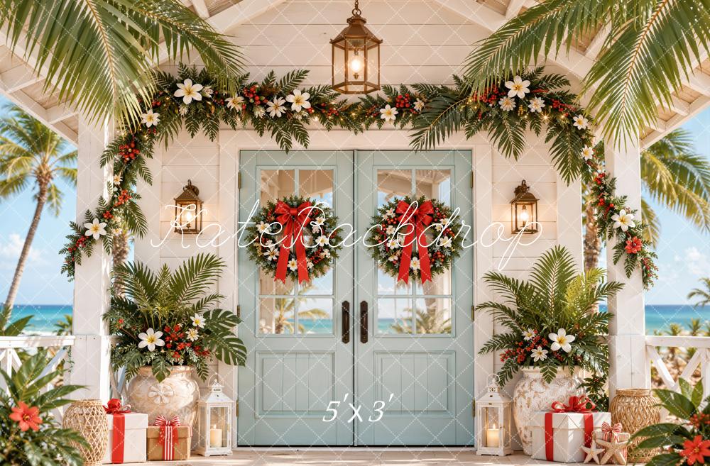 Kate Christmas Tropical Floral Doorway Palm Leaves Printed Backdrop Designed by Emetselch