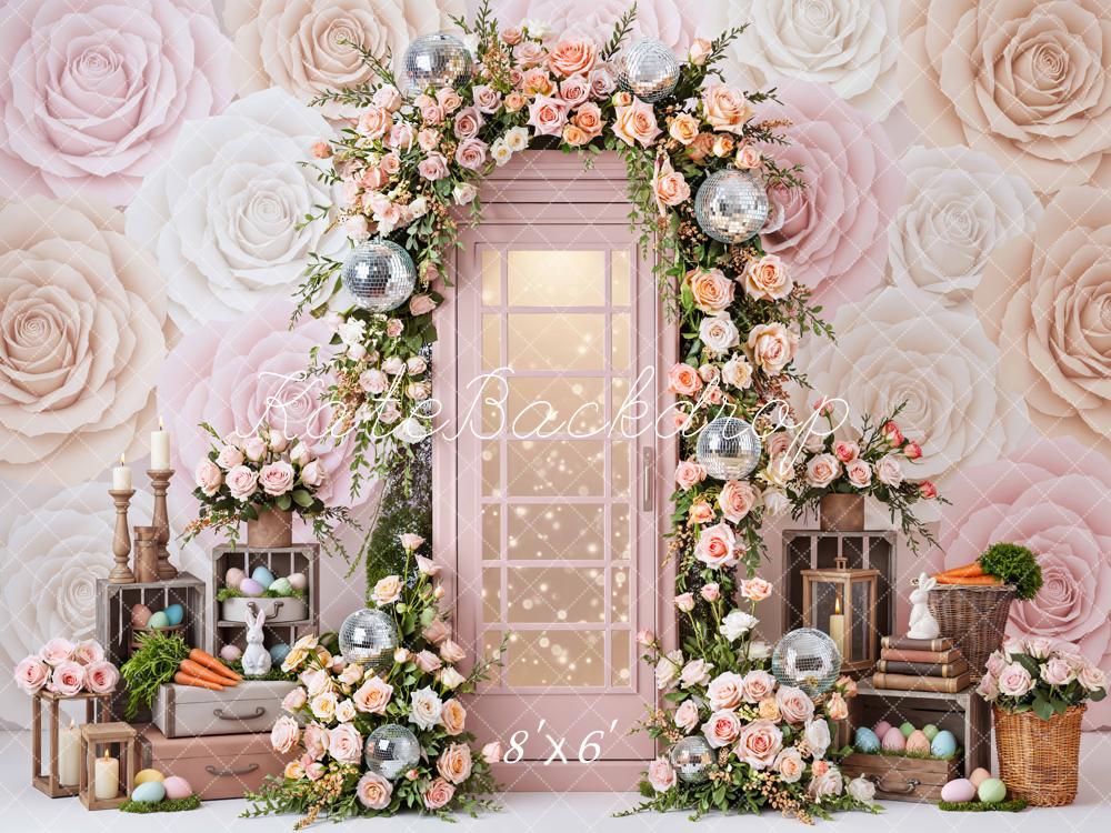Kate Easter Bunny Flower Arch Pastel Roses Printed Backdrop Designed by Mini MakeBelieve