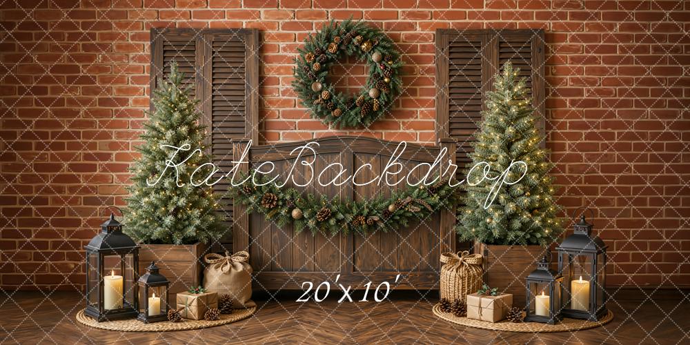 Kate Christmas Headboard Rustic Wood Christmas Tree Wreath Garland Brick Wall  Printed Backdrop Designed by Emetselch