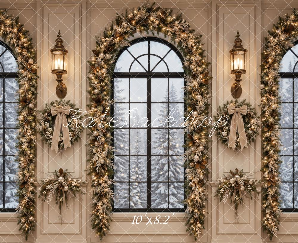 Kate Christmas Elegant Garland Arched Windows Printed Backdrop Designed by Vertigo Productions