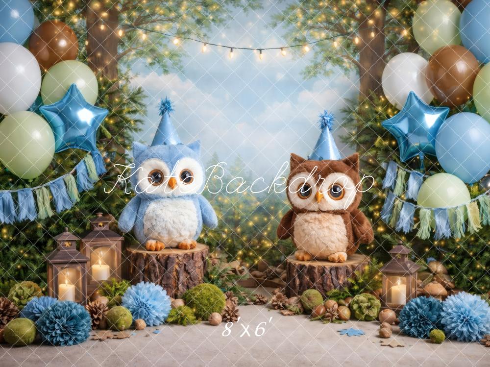 Kate Cake Smash Forest Owls Balloons Lanterns Birthday Party Printed Backdrop Designed by Vertigo Productions