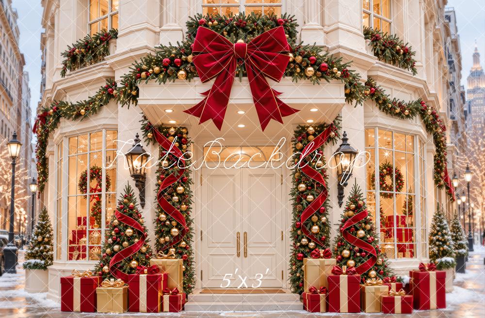 Kate Christmas Red Storefront Garland Bow Gift Boxes Printed Backdrop Designed by Emetselch