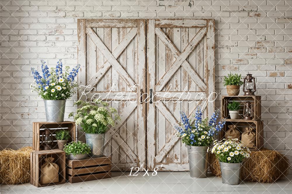 Kate Spring Rustic Barn Doors Crates Flowers Hay White Brick Wall Backdrop Designed by Emetselch