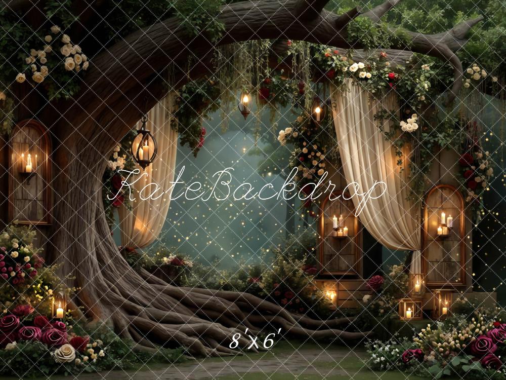 Kate Fairy Fantasy Tree Drapes Flowers Candles Printed Backdrop Designed by Mini MakeBelieve