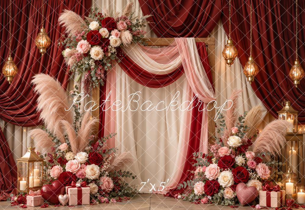 Kate Valentine's Day Boho Red Drapery Floral Lanterns Printed Backdrop Designed by Emetselch