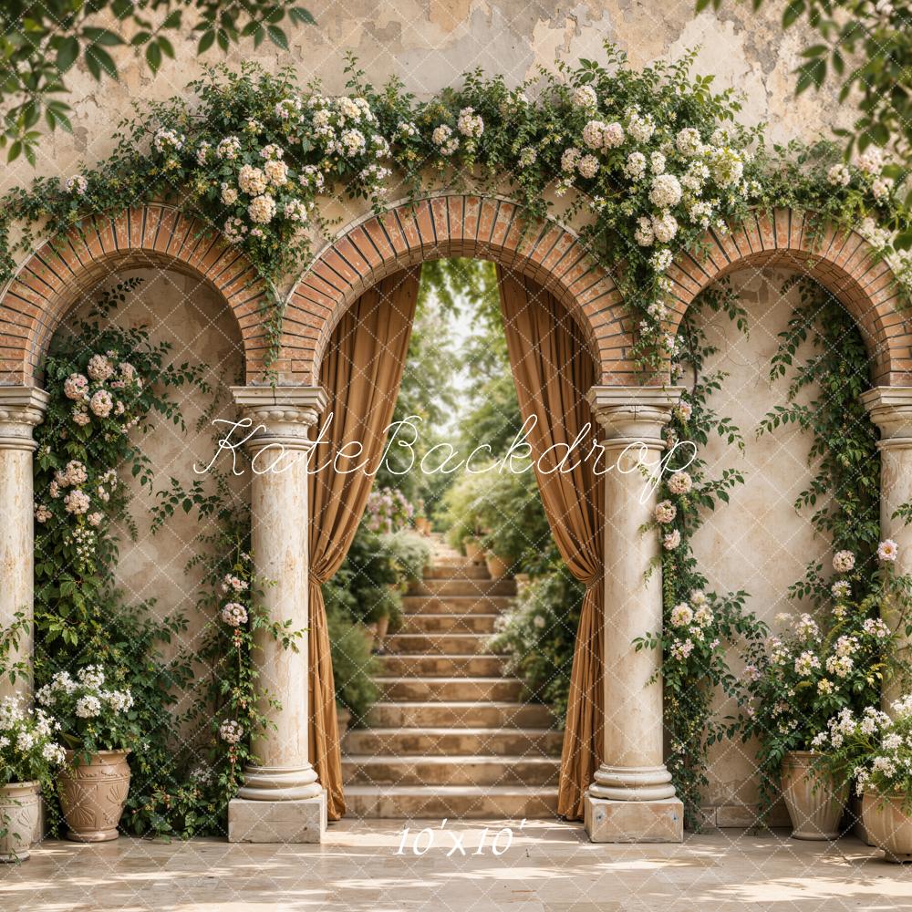 Kate Spring Vintage Roman Arch Garden Columns Stairs Flower Beige Printed Backdrop Designed by Emetselch