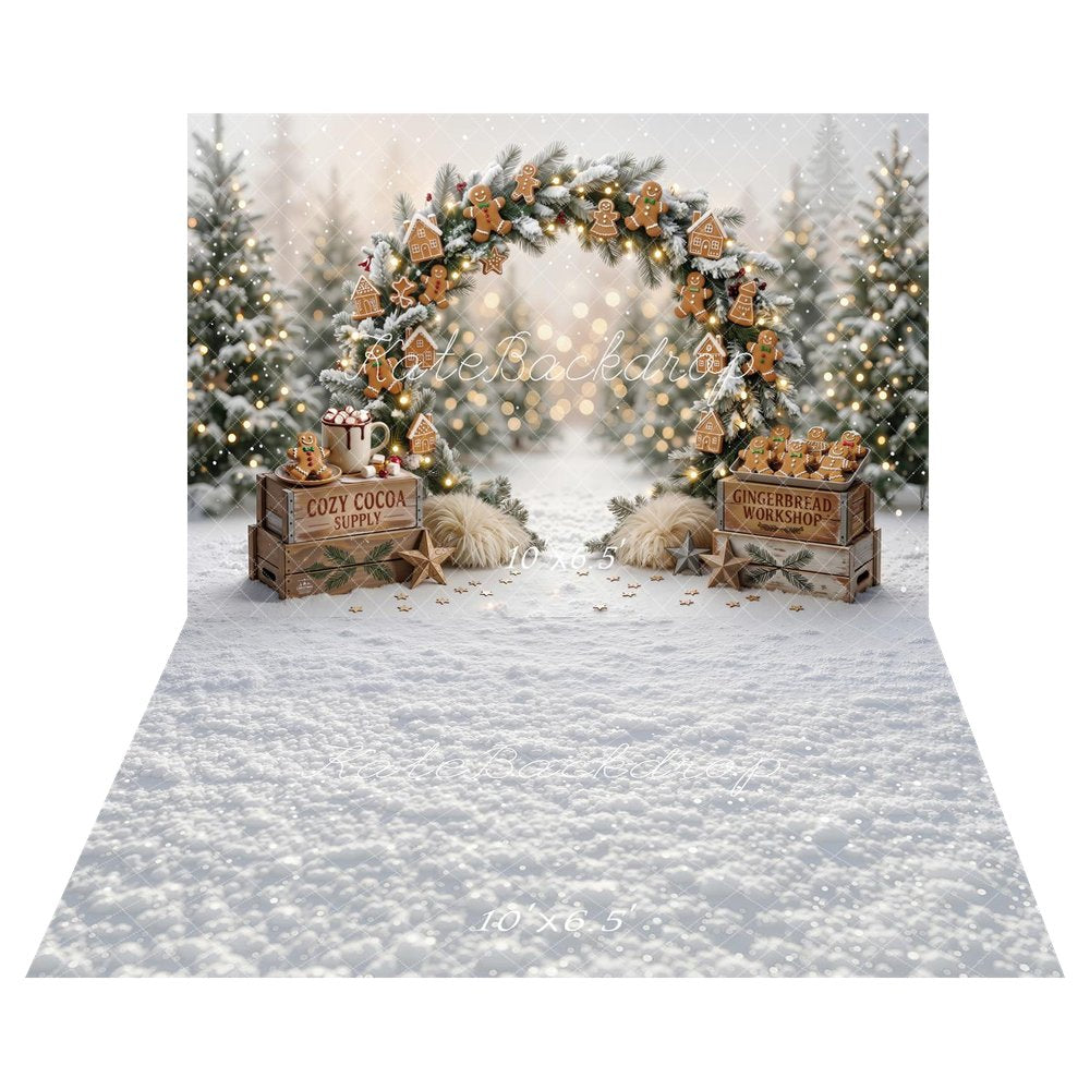 Kate Christmas Gingerbread Arch Cozy Cocoa Snowy Trees Printed Backdrop+Snowy White Winter Texture Printed Backdrop