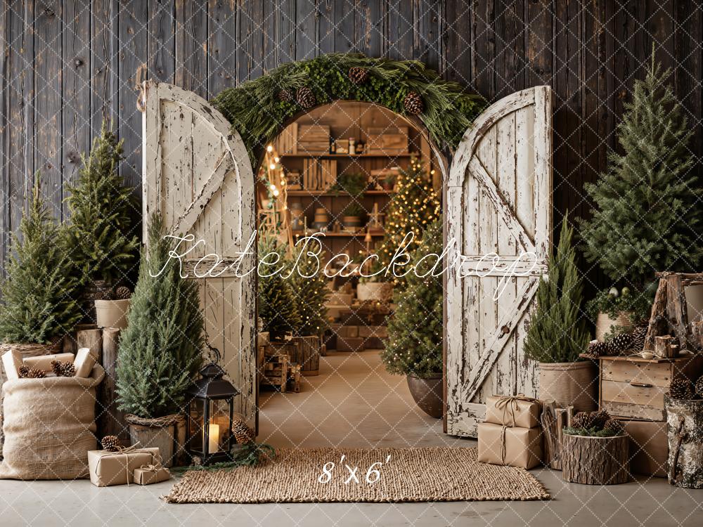 Kate Christmas Rustic Wood Barn Door Archway Pine Trees Printed Backdrop Designed by Emetselch