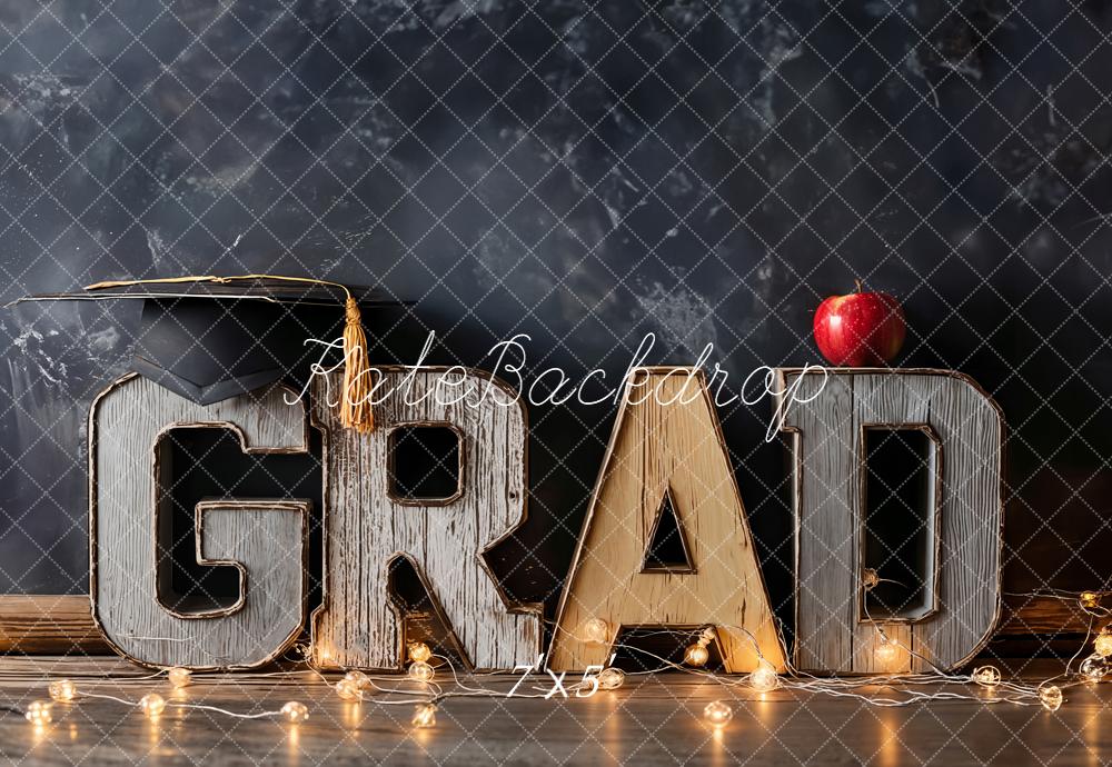 Kate Graduation GRAD Letters Chalkboard Apple String Lights Printed Backdrop Designed by Emetselch