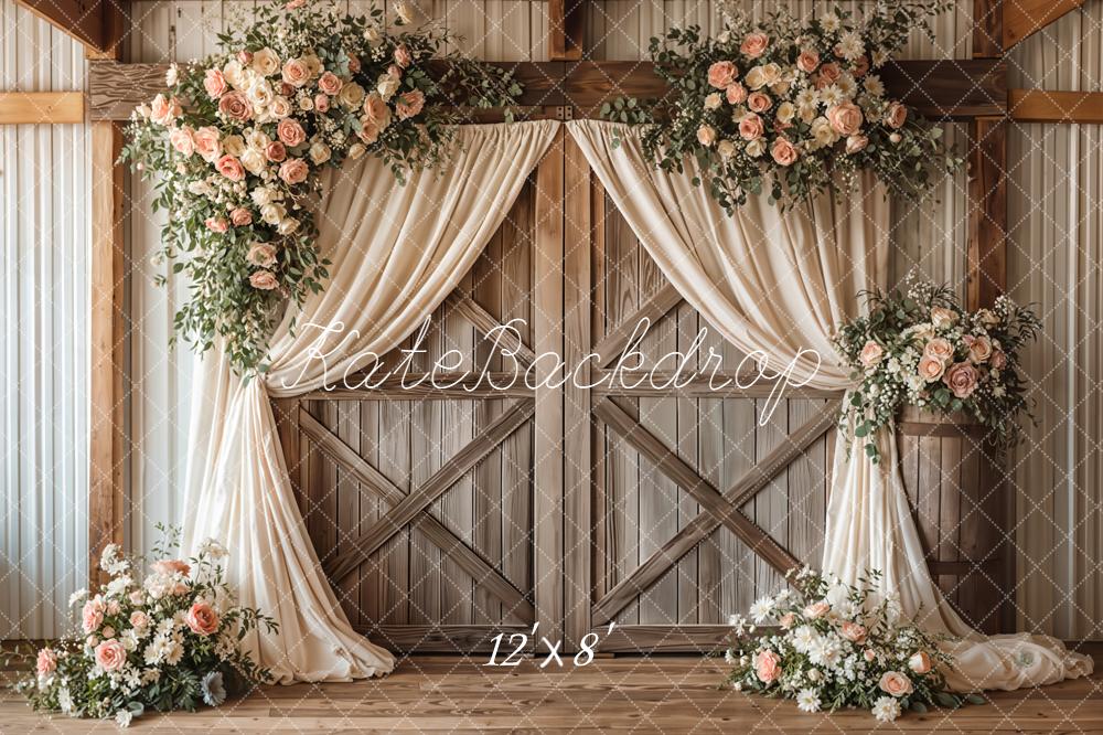 Kate Spring Romantic Flower Arch Barn Doors Cream Drapes Backdrop Designed by Emetselch