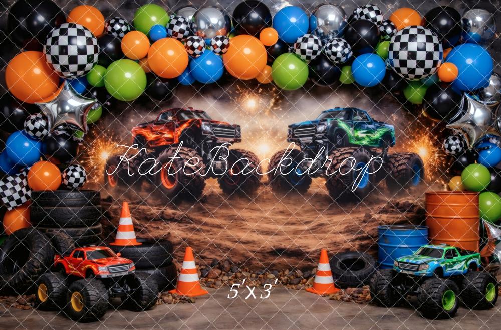 Kate Cake Smash Monster Truck Checkered Balloons Dirt Track Printed Backdrop Designed by Vertigo Productions