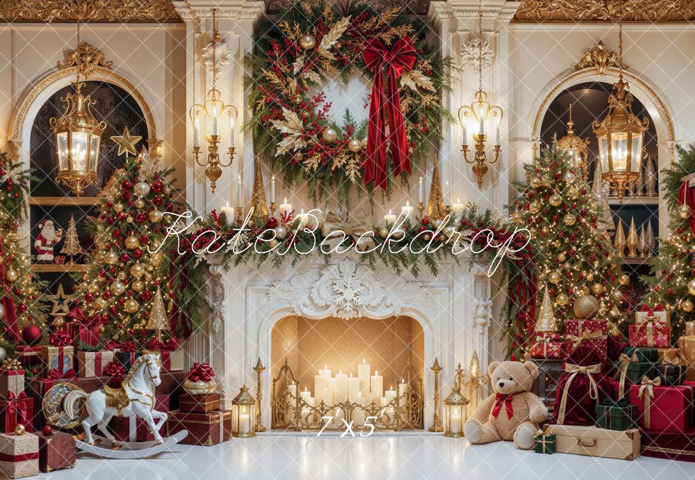 Kate Christmas Fireplace Luxury Trees Wreath Gifts Printed Backdrop Designed by Mini MakeBelieve