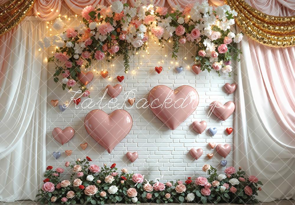 Kate Heart Balloons Pink Roses White Brick Wall Backdrop Designed by Mini MakeBelieve