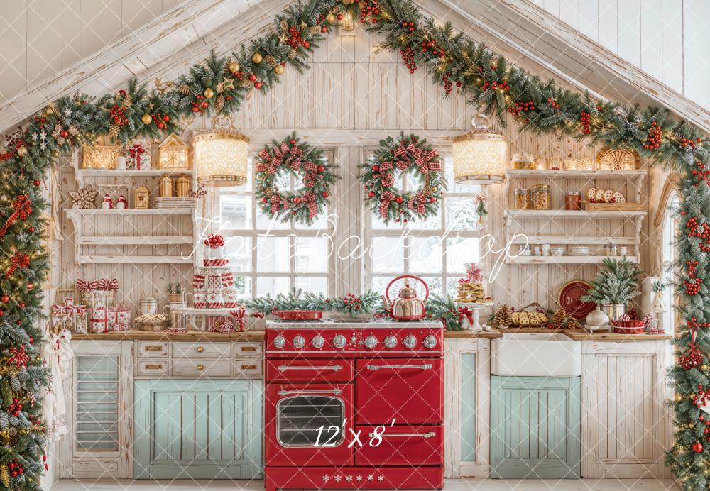Kate Christmas Kitchen Cabinets Garland Wreath Red Stove Backdrop Designed by Emetselch