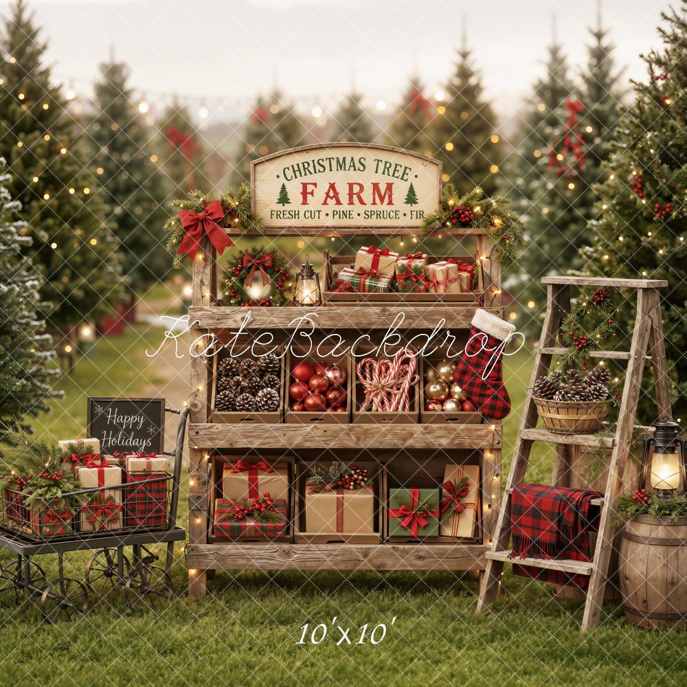 Kate Christmas Tree Farm Gift Display Rustic Ladder Printed Backdrop Designed by Emetselch