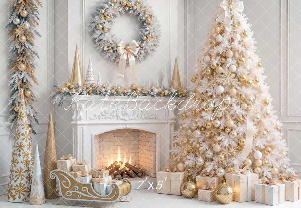 Kate Christmas White Tree Gold Decorations Fireplace Presents Sleigh Printed Backdrop Designed by Mini MakeBelieve