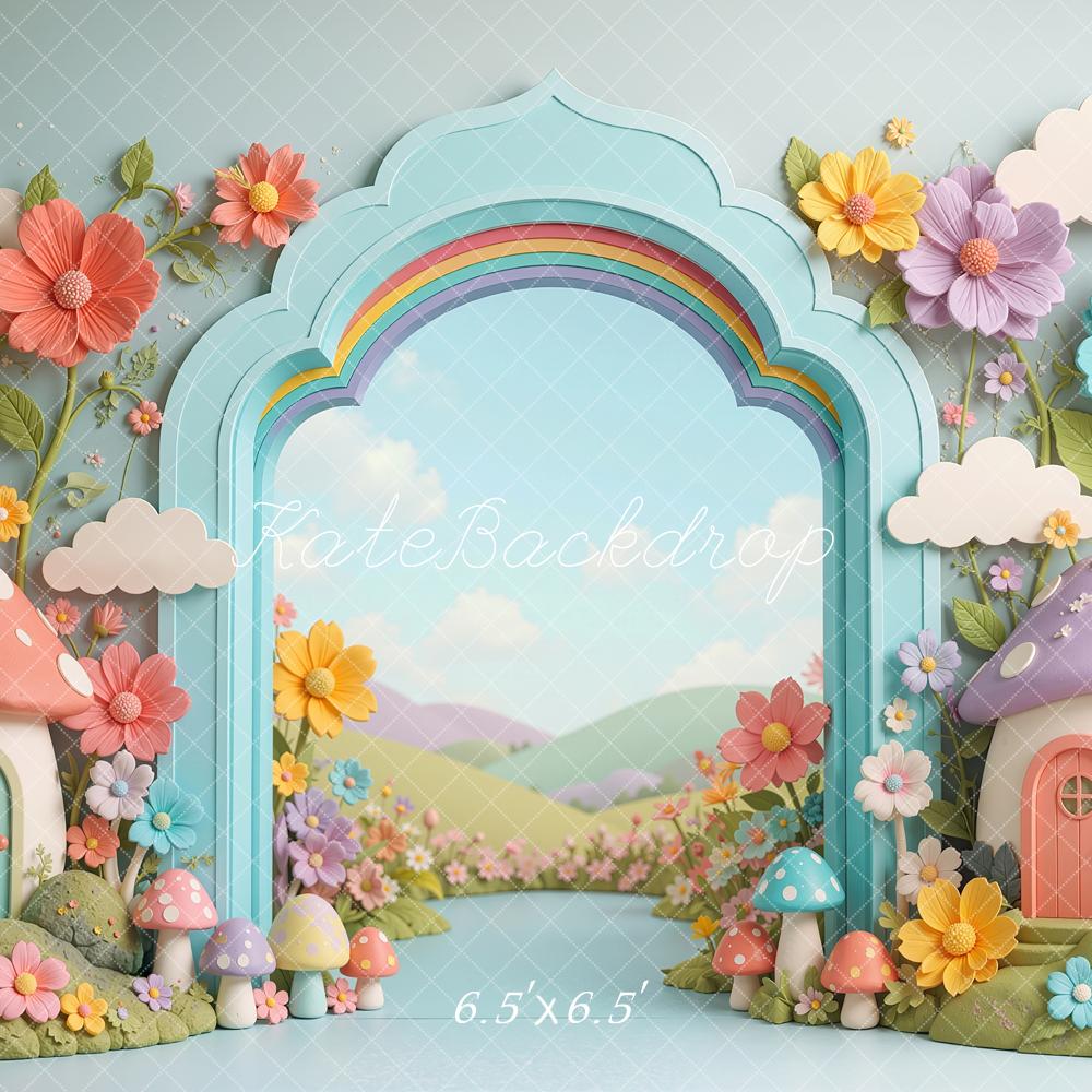 Kate Cake Smash Mushroom Houses Arch Flowers Rainbow Printed Backdrop Designed by Shutter Swan Studios
