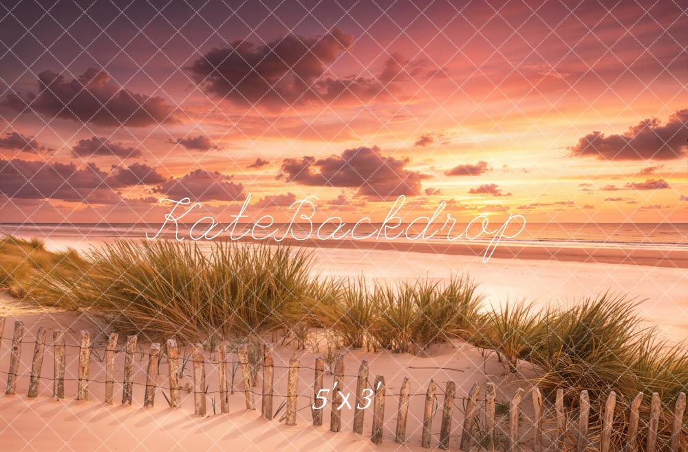 Kate Summer Beach Sunset Sand Dunes Grass Fence Printed Backdrop Designed by Emetselch