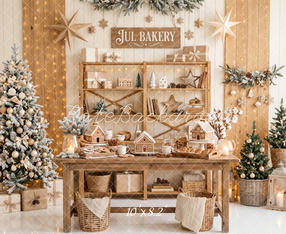 Kate Christmas Kitchen Bakery Gingerbread House Trees Neutral Printed Backdrop Designed by Patty Roberts