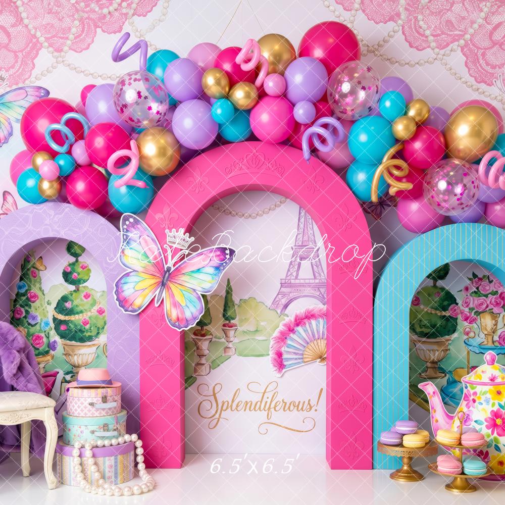 Kate Birthday Pink Sweets Butterflies Paris Balloon Arch Printed Backdrop Designed by Patty Roberts