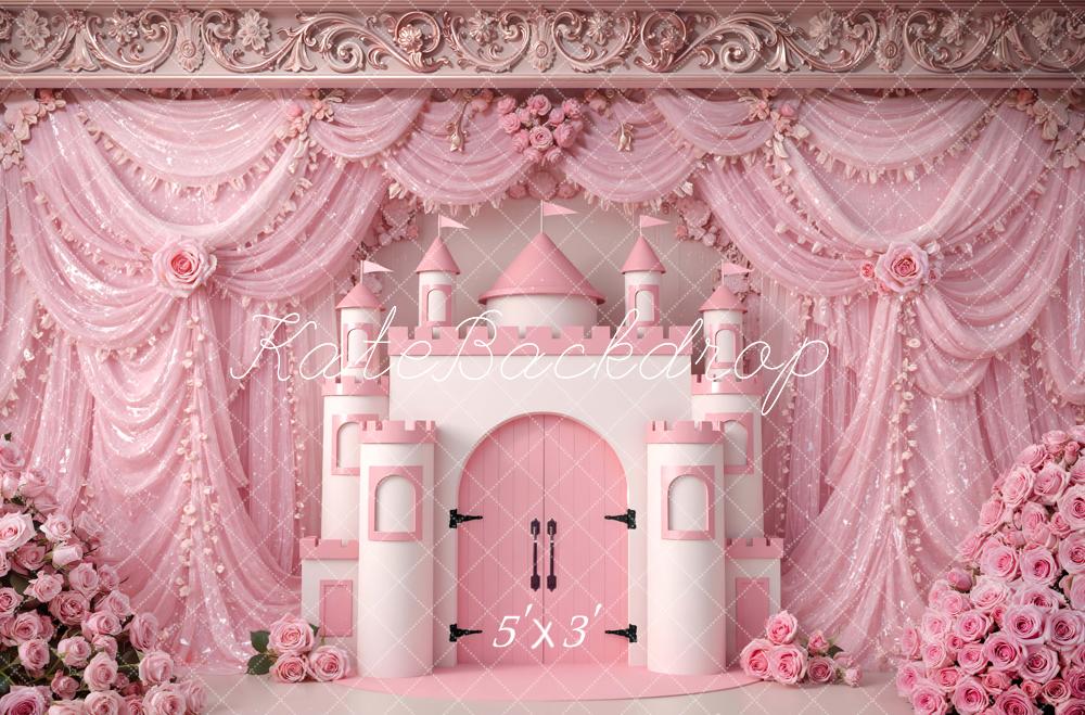 Kate Pink Castle Flower Arch Drapes Printed Backdrop Designed by Mini MakeBelieve