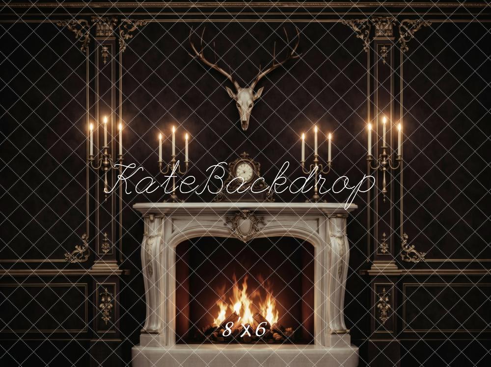 Kate Black Ornate Fireplace Candle Wall Antlers Printed Backdrop Designed by Vertigo Productions