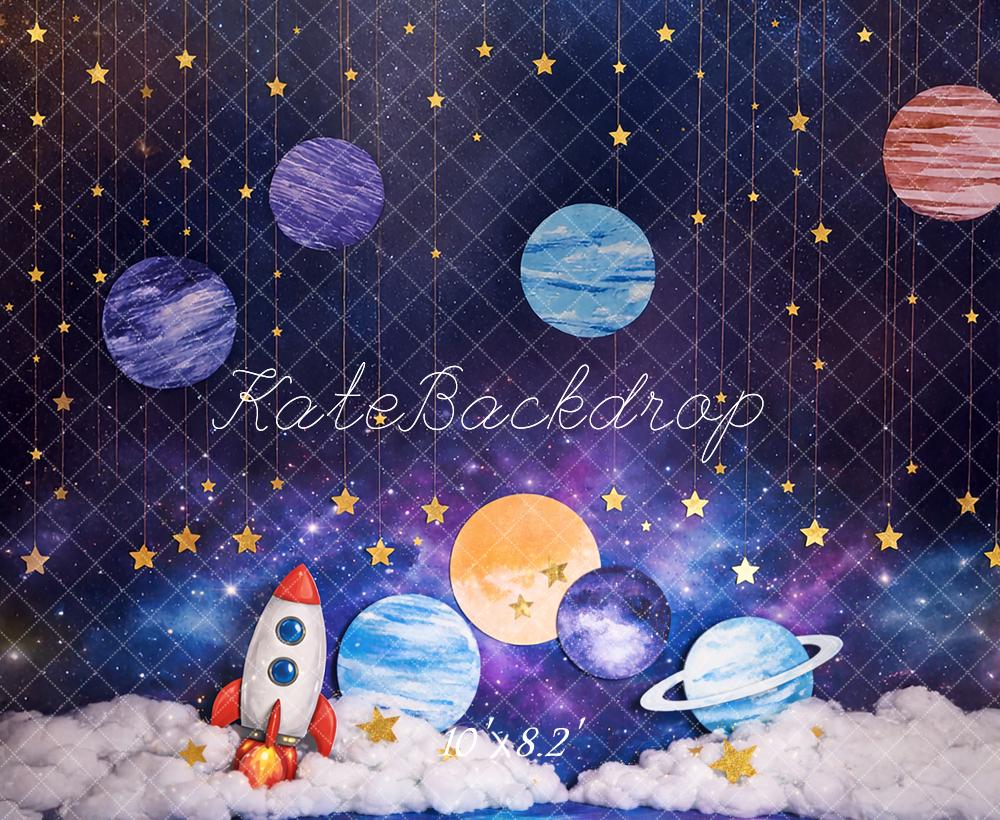 Kate Cake Smash Space Rocket Planets Clouds Printed Backdrop Designed by Mandy Ringe Photography