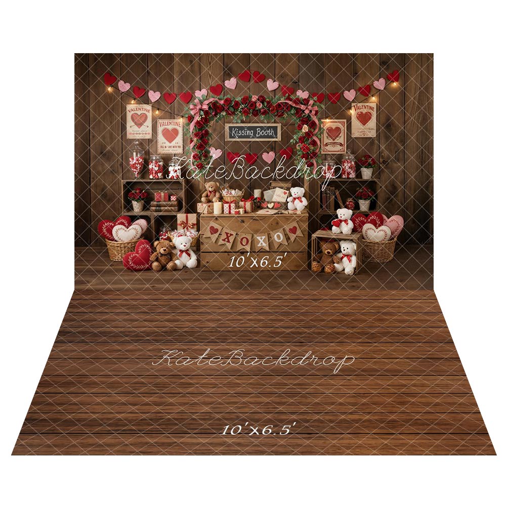 Kate Valentine's Day Kissing Booth Heart Garland Teddy Bear Backdrop+Brown Wood Floor Backdrop