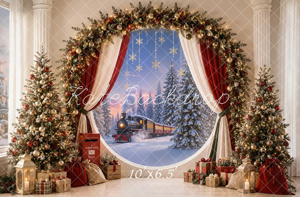 Kate Christmas Polar Train Garland Decorated Trees Red Curtains Printed Backdrop Designed by Emetselch