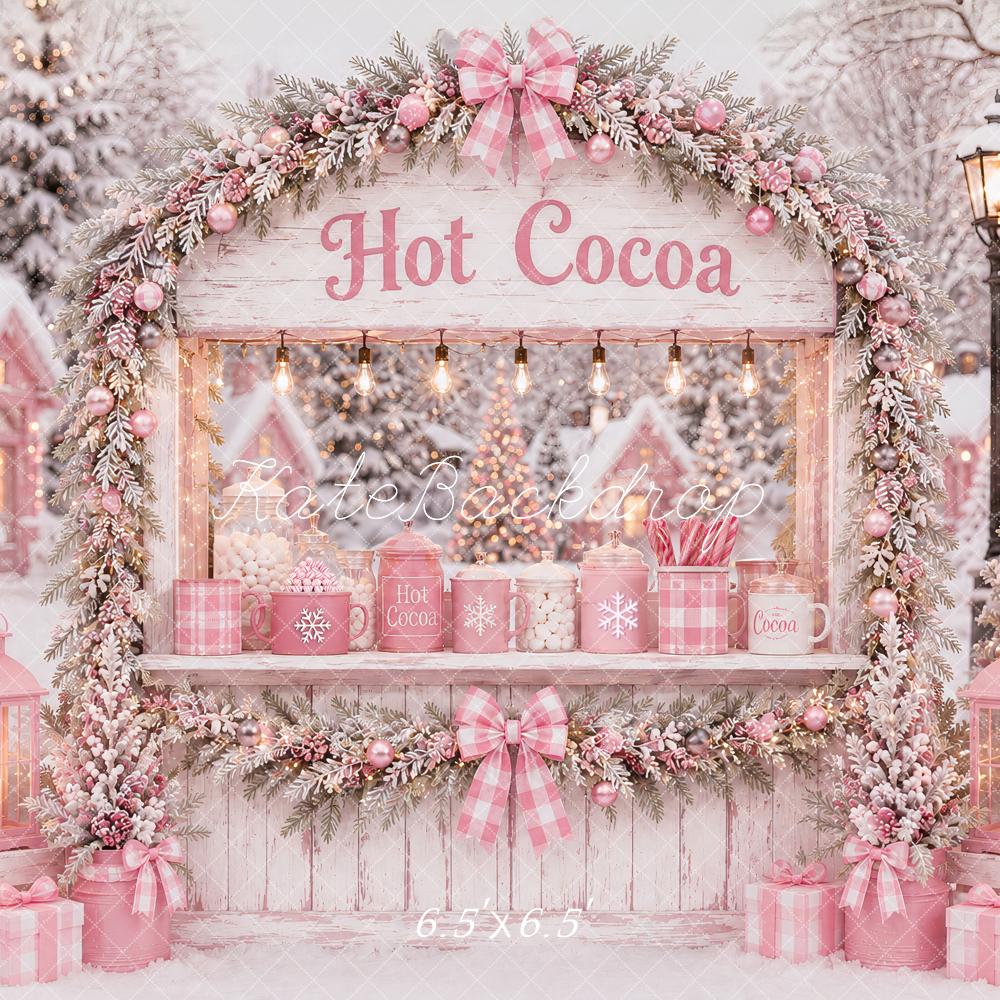 Kate Christmas Pink Hot Cocoa Stand Snowy Village Printed Backdrop Designed by Ashley Paul