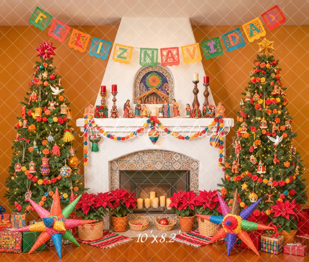 Kate Christmas Mexican Navidad Fireplace Trees Piñata Gifts Backdrop Designed by Emetselch
