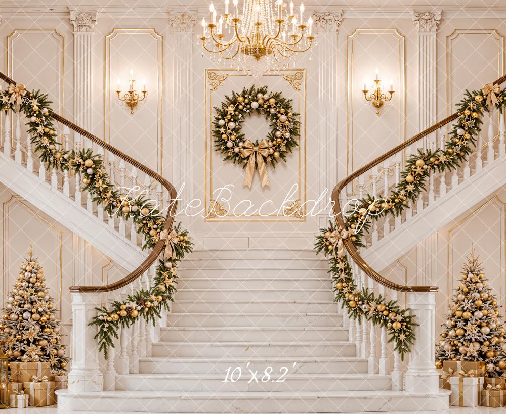 Kate Christmas Cascading Stairs Garland Wreath Ornate Interior Printed Backdrop Designed by Emetselch