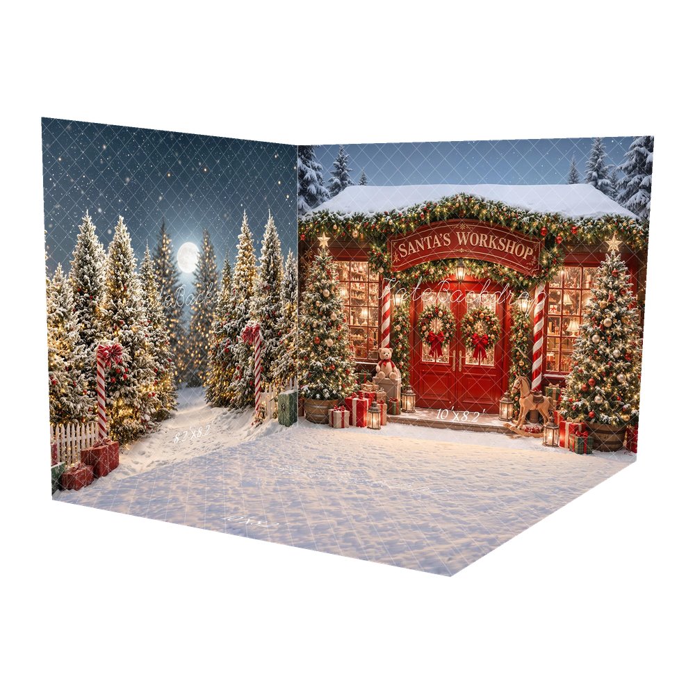 Kate Christmas Santa's Workshop Red Door Pine Trees Presents Printed Backdrop Room Set