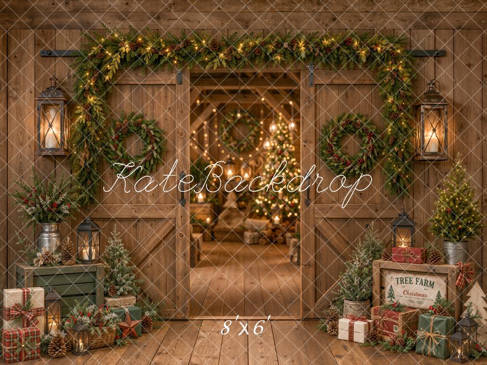 Kate Christmas Rustic Barn Door Garland Wreath Trees Printed Backdrop Designed by Emetselch