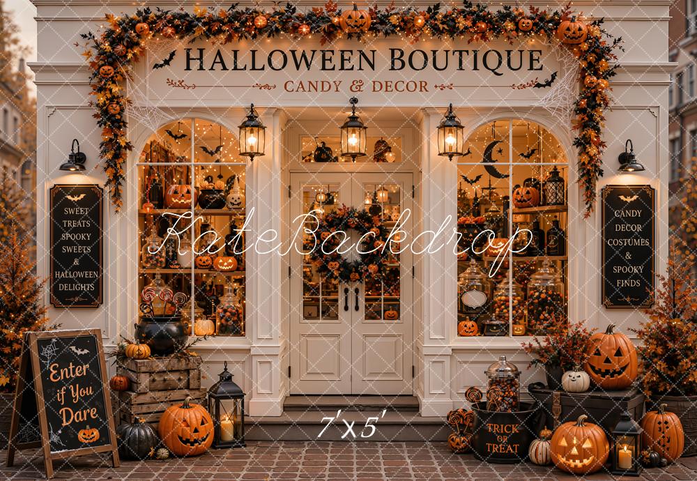 Kate Halloween Candy Boutique Pumpkin Storefront Garland Printed Backdrop Designed by Emetselch